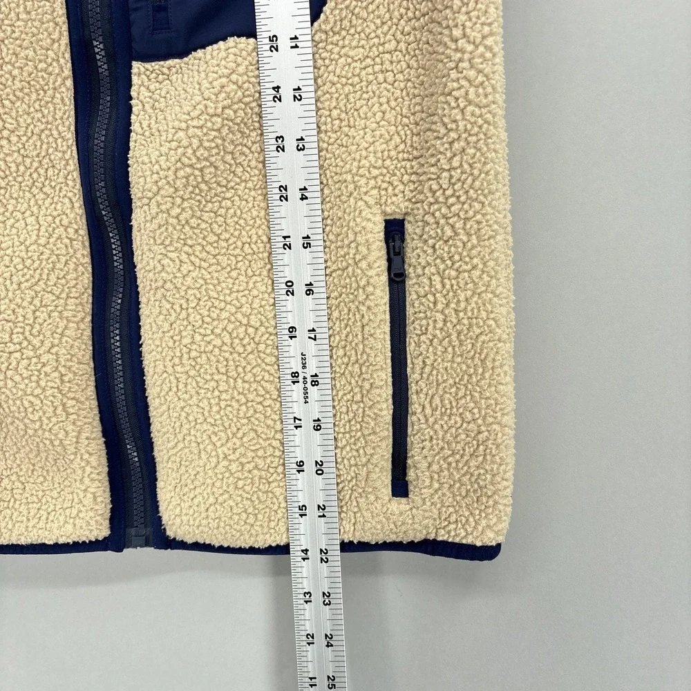 Vineyard Vines Vest Boys 12-14 M Beige Navy Sherpa Fleece Zip Pockets Oatmeal